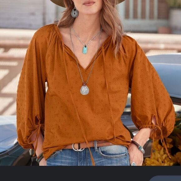 Sundance Peasant Style Tie-Front Blouse - Burnt Orange - Picture 1 of 7